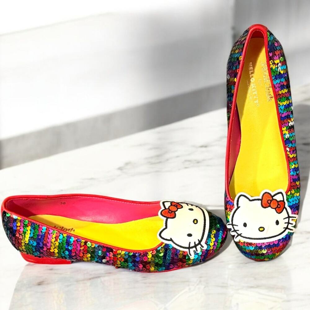 Mod Cloth x Hello Kitty Womens Size 7 Sweetly‎ Sequined Flats Rainbow Sequins